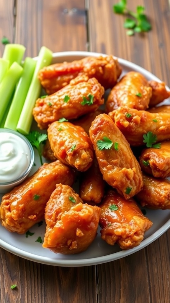 Crispy Air Fryer Chicken Wings Recipe Crispy air fryer chicken wings served with celery and blue cheese dressing on a rustic table.